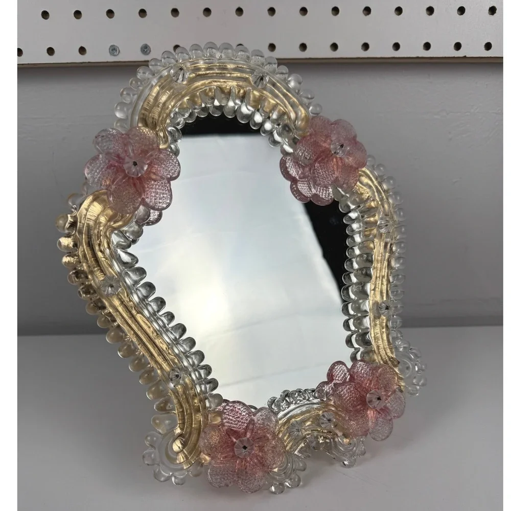 Vtg Murano Glass Vanity Mirror Pink Flowers Coquette Venetian Tabletop Wall